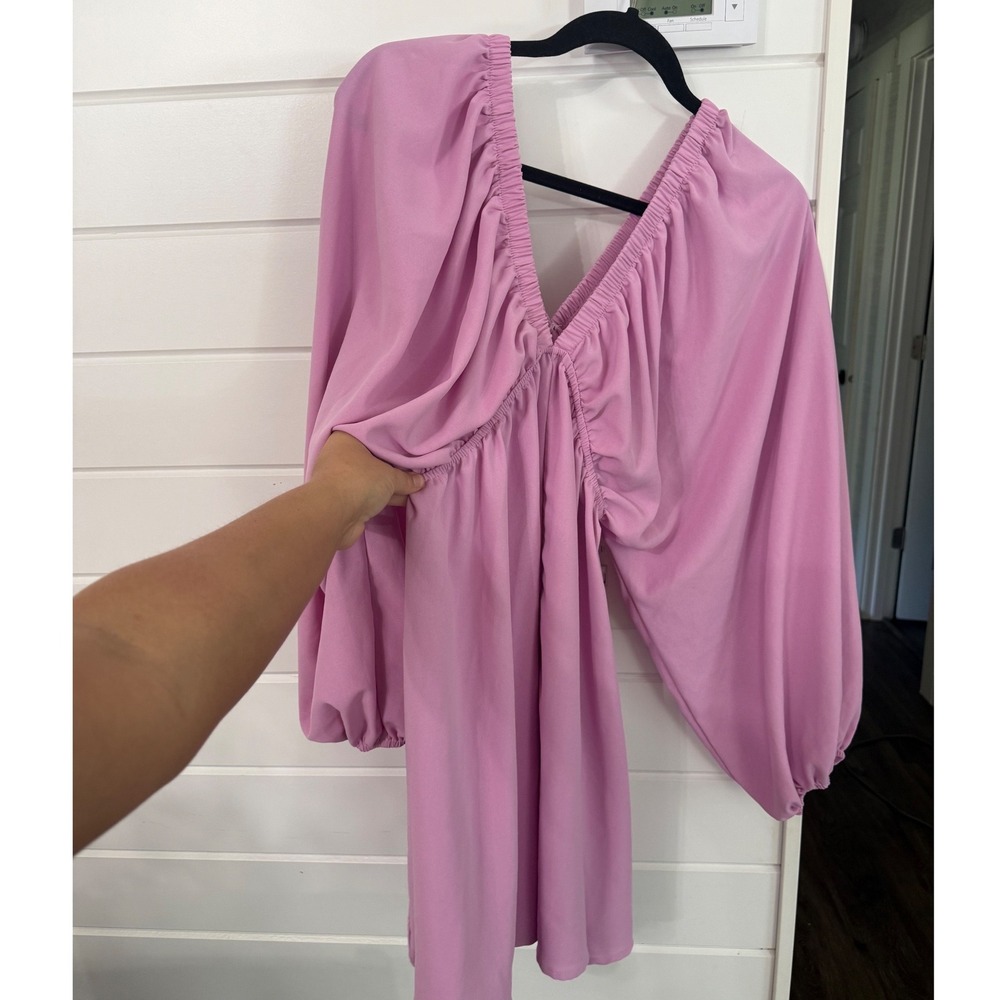 Amazon Pink Deep V Neck Long Puff Sleeve Backless High Waist Ruffle Mini Dress M - Picture 3 of 4
